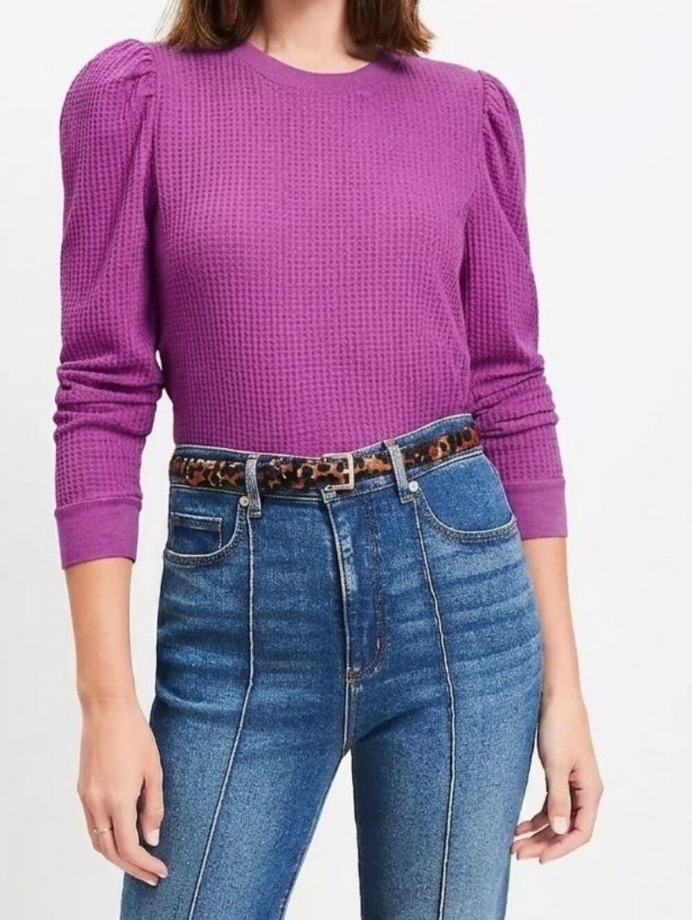 LOFT size XS Long Sleeve Waffle Knit Puff Shoulder Top Purple